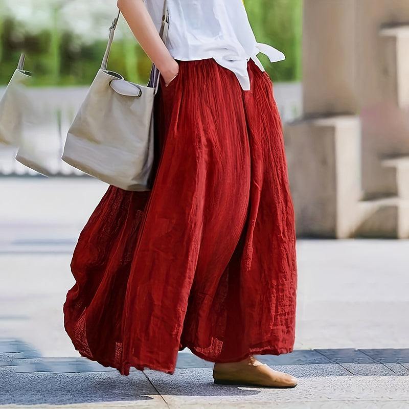 Women Bohemian Beach A-Line Dress Elastic Waist Flowy Long Maxi Skirt With Pockets RSTOCK