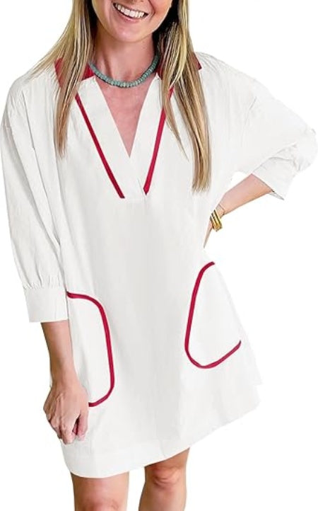 Saodimallsu Womens V Neck Swimwear Coverup Sleeve Collar Color Block Oversized Cover Ups Mini Beach Dress With Pockets RSTOCK