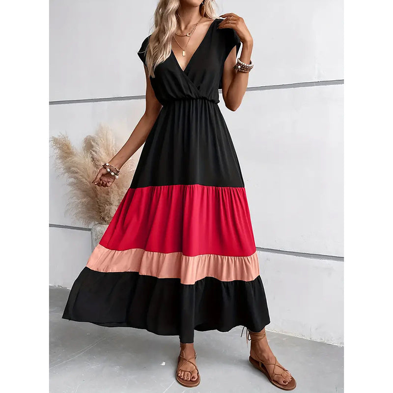 Women's Color Block Maxi Dresses V Neck Sleeveless Tiered Casual Dresses Loose Sundress RSTOCK