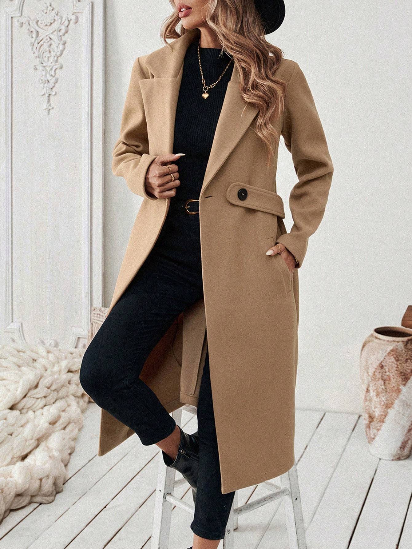 Flat Collar Solid Color Pocket With Belt Long Sleeve Autumn Winter Coat RSTOCK