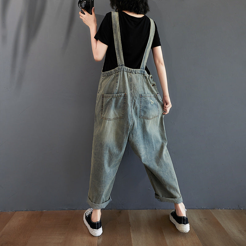 Womens Summer Retro Nostalgic Ripped Denim Overalls
