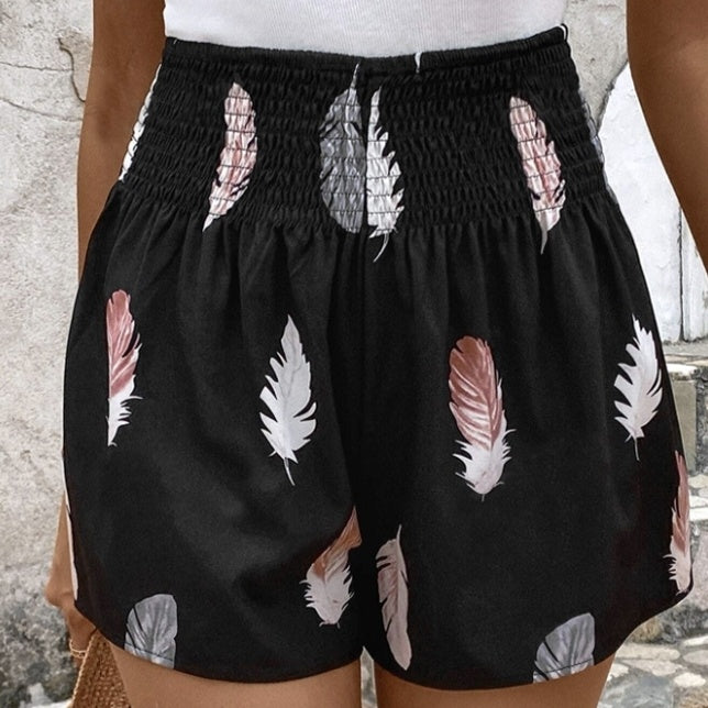 Ladies' Fashionable And Elegant Casual Vacation Feather Print Elastic Waist Shorts RSTOCK