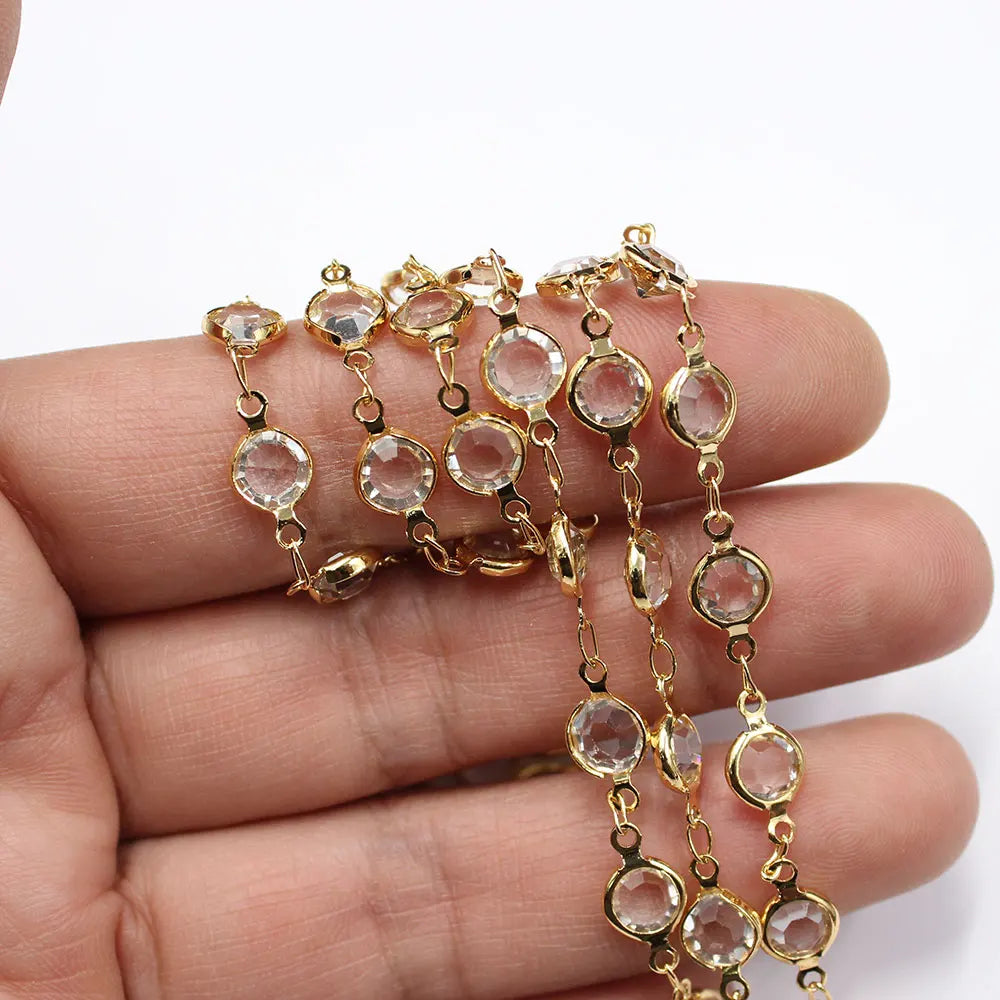 APDGG 1 Meter 6mm Clear Crystal Gold Plated Copper Fashion Bezel Set Chain Paperclip Neck Chain Pearl Necklace Making DIY