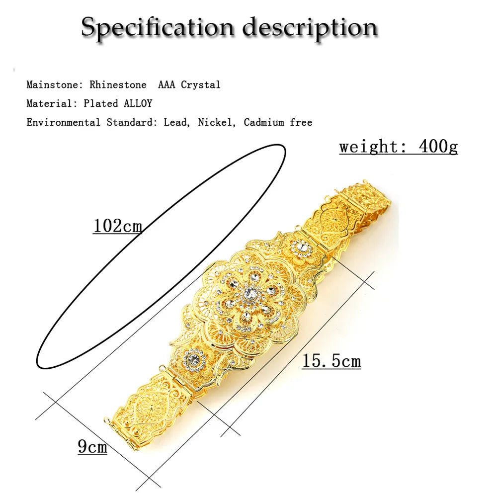 Sunspicems Elegent Morocco Women Body Jewelry Caftan Belt Gold Silver Color Crystal Arab Robe Wedding Dress Waist Chain Belt