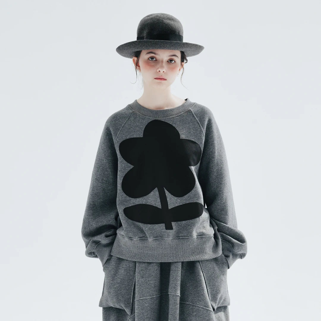 imakokoni 2023 new original air layer flowers grey round neck hoodie women Spring and autumn 234270