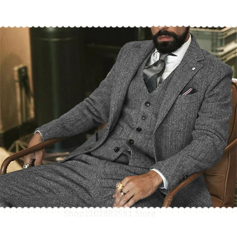 3 Piece (SB) Gray Wool Tweed Winter Men Suit's For Wedding Herringbone Male Formal Groom Tuxedo Fashion 3 Piece