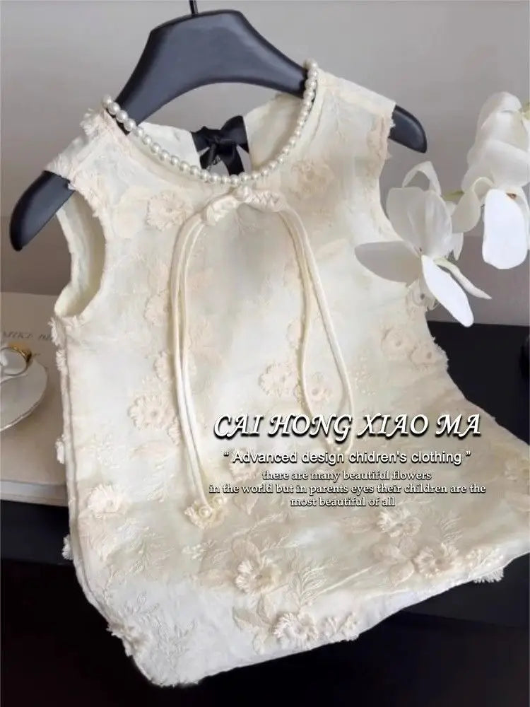 Childrens Wear 2024 New Girls Dress Summer Childrens Fashion Bow Embroidered Princess Dress Girl Clothes