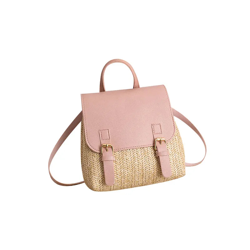 Fashion Women's Shoulder Bag Vintage Straw Woven Bag PU Leather Shoulder Bag Elegant Luxury Versatile Designer Backpack Mochilas