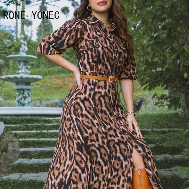 2023 Women Chic Tiger Print Turn Down Neck with Belts Half Long Sleeves Maxi A-line Dress