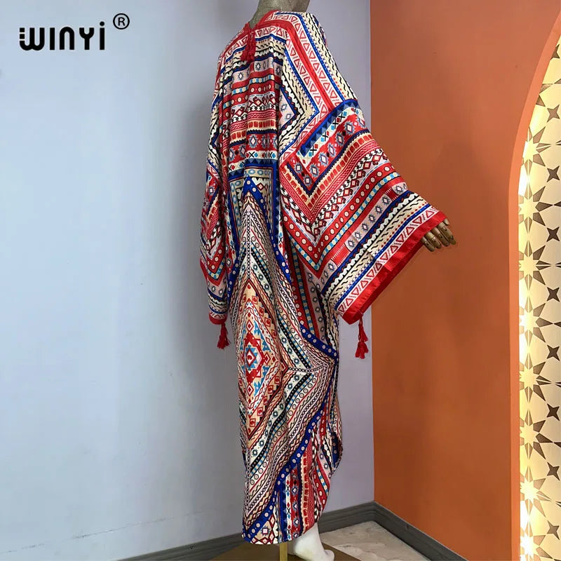 WINYI kimono new boho beach summer print Bikini cover-ups sexy vestidos para playa long Sleeve swimsuit woman 2023 maxi dress