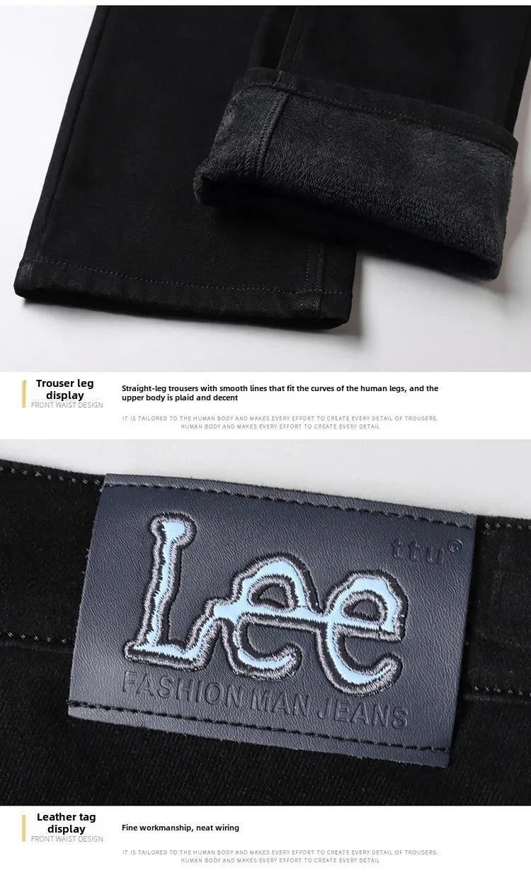 Lee Dexjeans Men's Fleece-lined Thickened Black Winter Warm Straight-leg Loose-fit Mid-age Business Casual Elastic