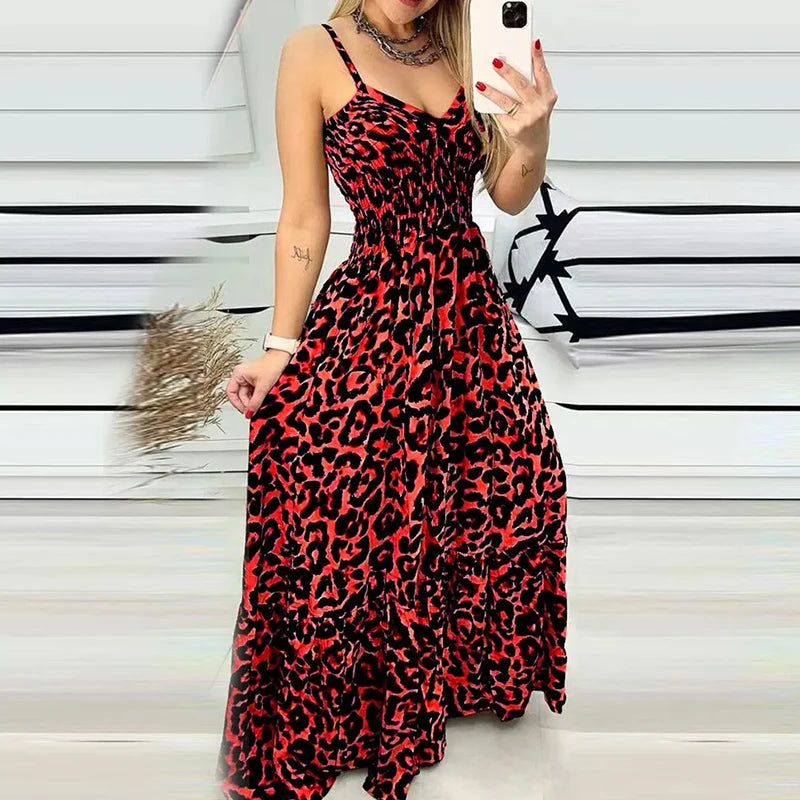 Summer Women's Leopard V-neck Suspender Dress Bohemian Style High Waist Sexy Temperament Fashion Dress Holiday Party Sundress