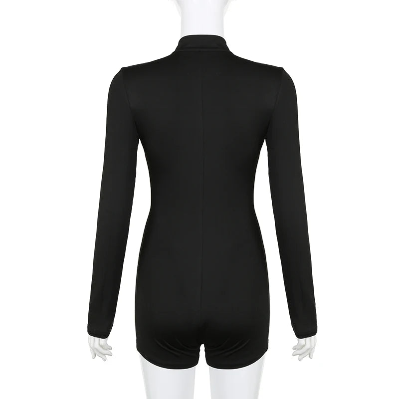 BIIKPIIK Zipper Skinny Women Short Rompers Casual Concise Black Playsuits All-match Sporty Knitted Overalls Body-shaping Fitness