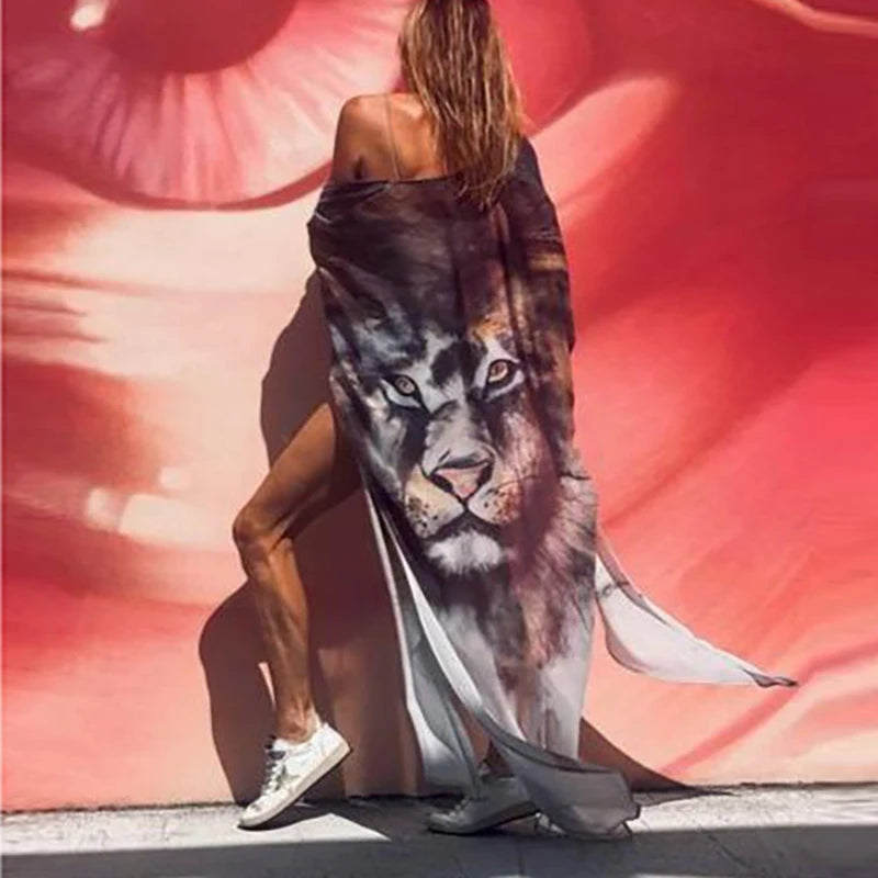 Fashion Asymmetrical Irregular Shirt Dress Women Chic Lion Print Cloak Beach Dress Street Style Party Dress Vestidos De Fiesta