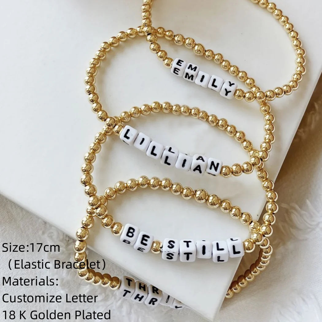 Vlen Personalized Jewelry Customize Letter Name Bracelet 4mm Gold Color Beads Bracelets 18 K Golden Plated Strand Pulseras