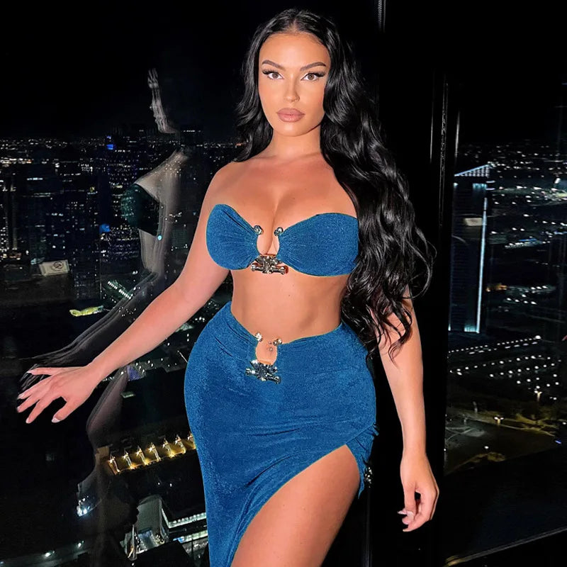 Elegant Sexy Bandeau Top with Slit Asymmetrical Skirt Two Piece Set Women Summer Party Festival Matching Sets Orange