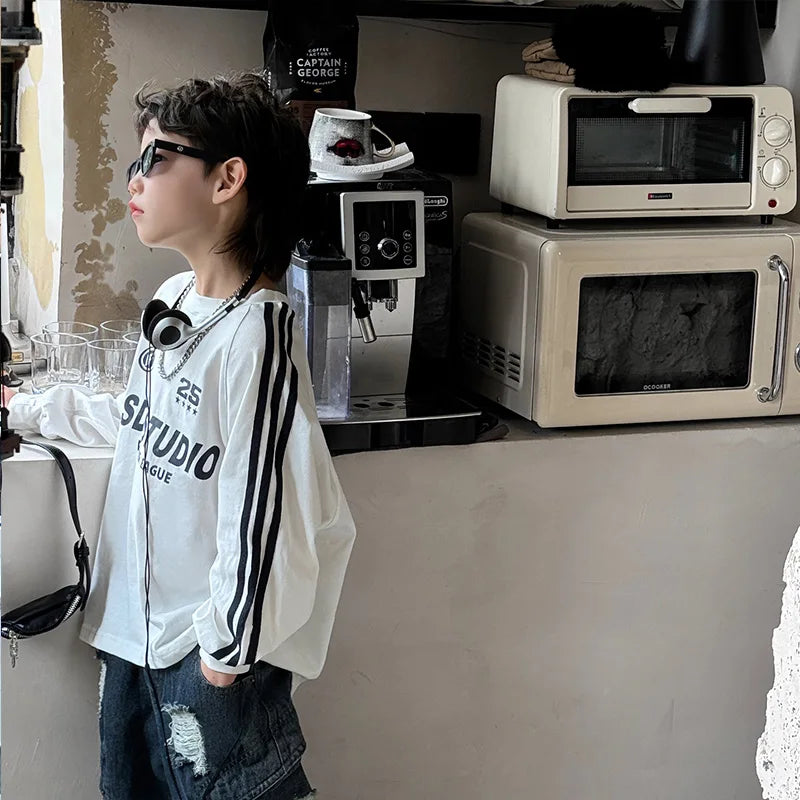 2-8Y Boys Long-sleeved T-shirt Spring Autumn New Children Solid Color Bottoming Shirt Baby Autumn Kids Tops