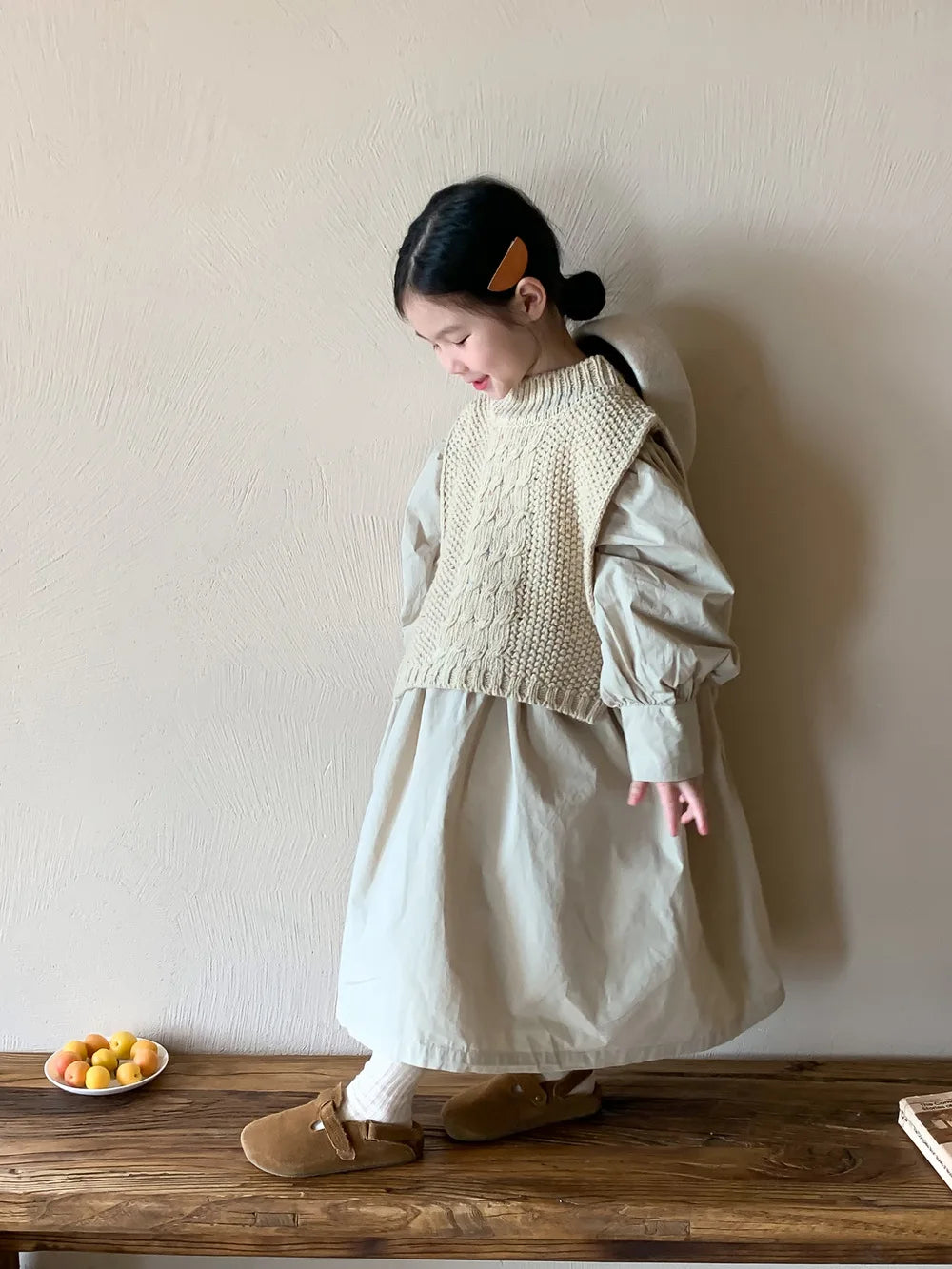 2024 Autumn Dress Girls Korean Solid Color Bubble Sleeve Dress Childrens Loose Skirt Knitted Vest Set