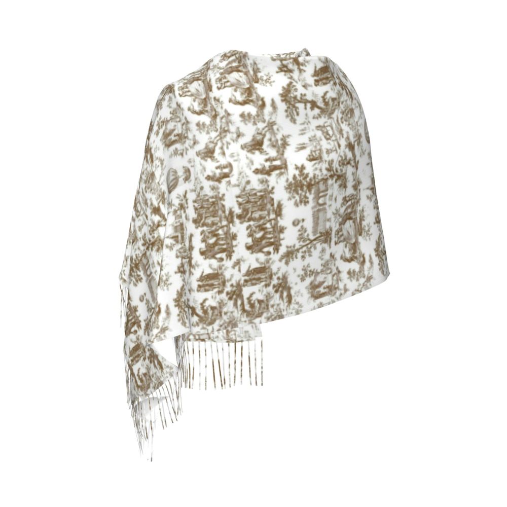 French Toile De Jouy With Wolf Blue Tassel Scarf Women Soft Traditional France Art Shawl Wrap Ladies Winter Fall Scarves