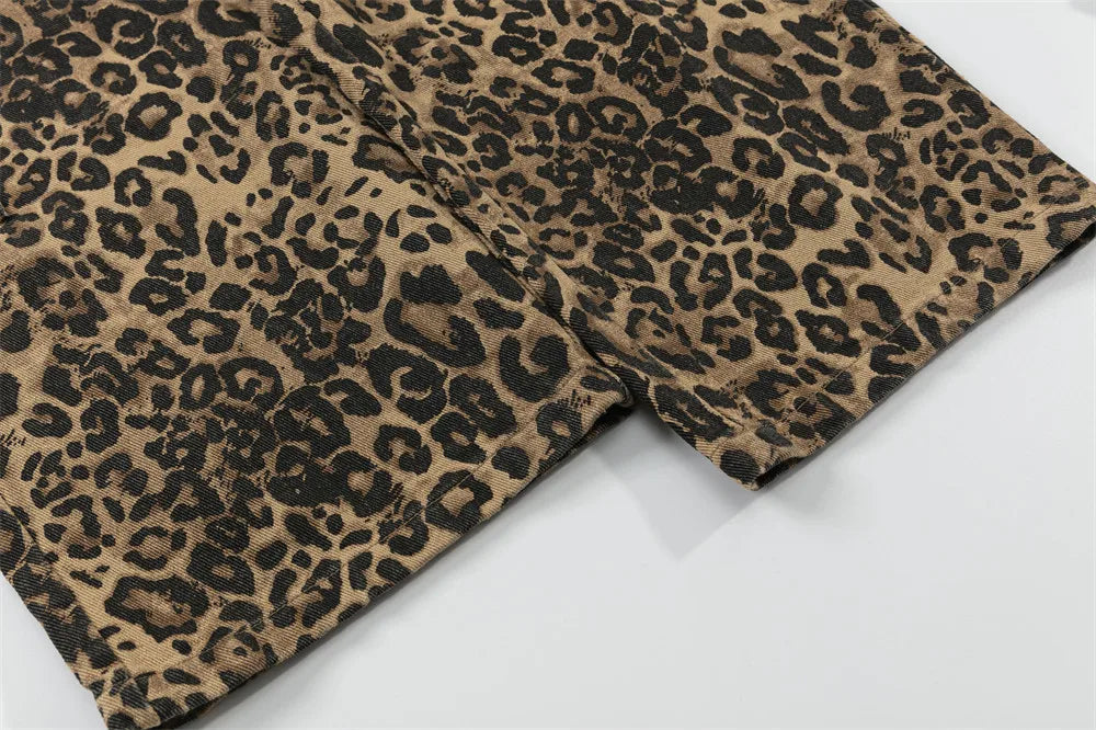 Leopard Print Cargo Pants Mens Multi-Pocket Retro Streetwear Straight Loose Wide Leg Trousers Men