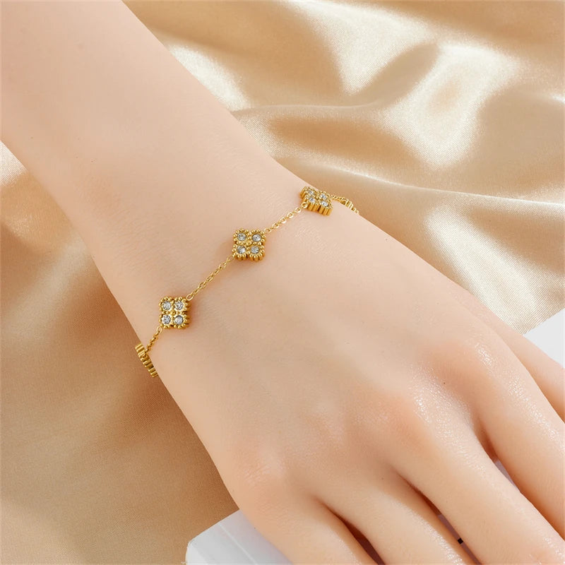 DIEYURO 316L Stainless Steell Zircon Splicing Golden Flowers Bracelet For Women Girl New Popular Trend Hand Chain Jewelry Gift