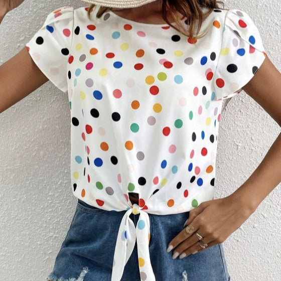 Ladies' Contrasting Color Polka Dot Print Front Tie Petal Sleeve Round Neck Hollowed Out Button Detail Design Casual Style Shirt Top