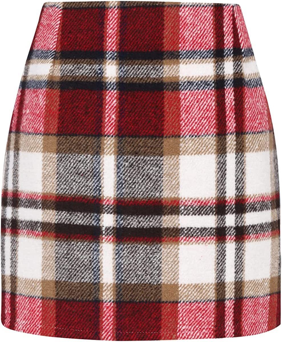 Women's High Waist Plaid Tight Pencil Wool Mini Skirt RSTOCK