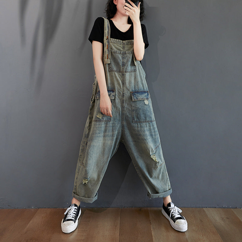 Womens Summer Retro Nostalgic Ripped Denim Overalls