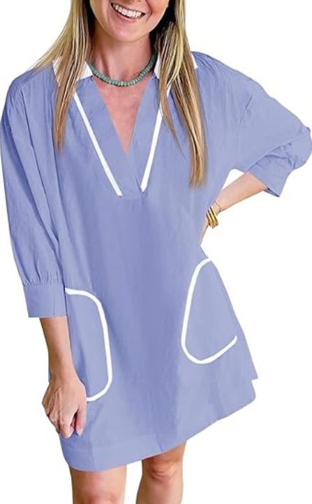 Saodimallsu Womens V Neck Swimwear Coverup Sleeve Collar Color Block Oversized Cover Ups Mini Beach Dress With Pockets RSTOCK