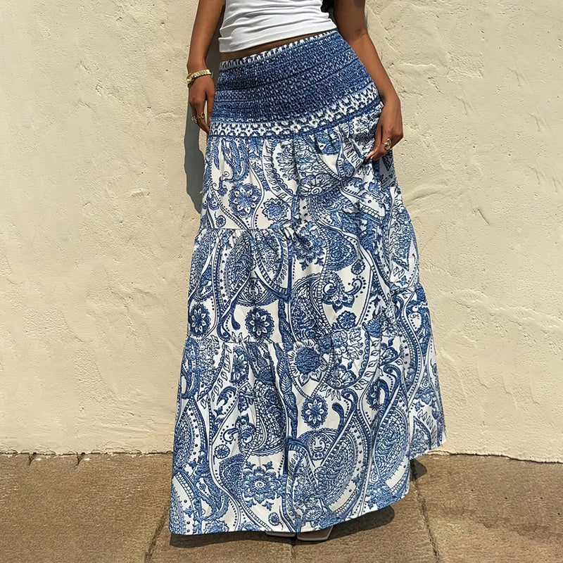 Women's Boho Floral Print Maxi Skirt - Elastic Waist A-Line Long Skirt For Spring&Summer Casual Beach Skirt RSTOCK