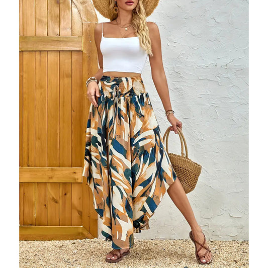 Women's High Elastic Waist Midi Skirt Casual Summer Trendy Tie Front Flowy Floral Print Beach Long Skirt RSTOCK