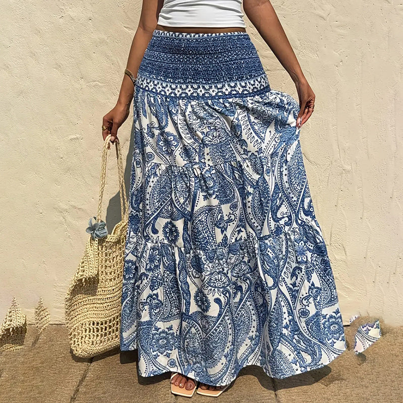 Women's Boho Floral Print Maxi Skirt - Elastic Waist A-Line Long Skirt For Spring&Summer Casual Beach Skirt RSTOCK