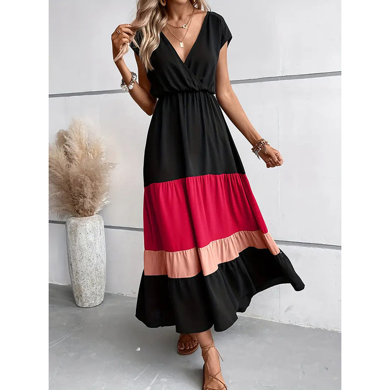 Women's Color Block Maxi Dresses V Neck Sleeveless Tiered Casual Dresses Loose Sundress RSTOCK