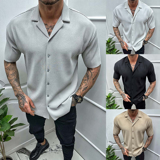 Men's Cardigan Solid Color Short Sleeve Dress Shirt  MSTOCK