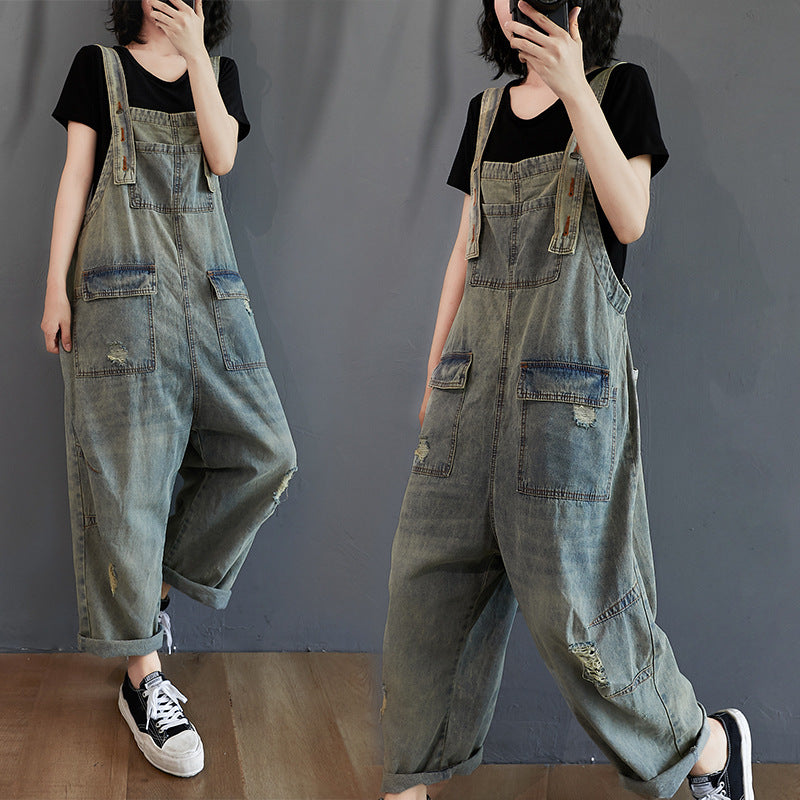 Womens Summer Retro Nostalgic Ripped Denim Overalls