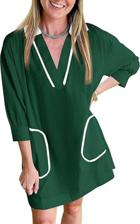 Saodimallsu Womens V Neck Swimwear Coverup Sleeve Collar Color Block Oversized Cover Ups Mini Beach Dress With Pockets RSTOCK