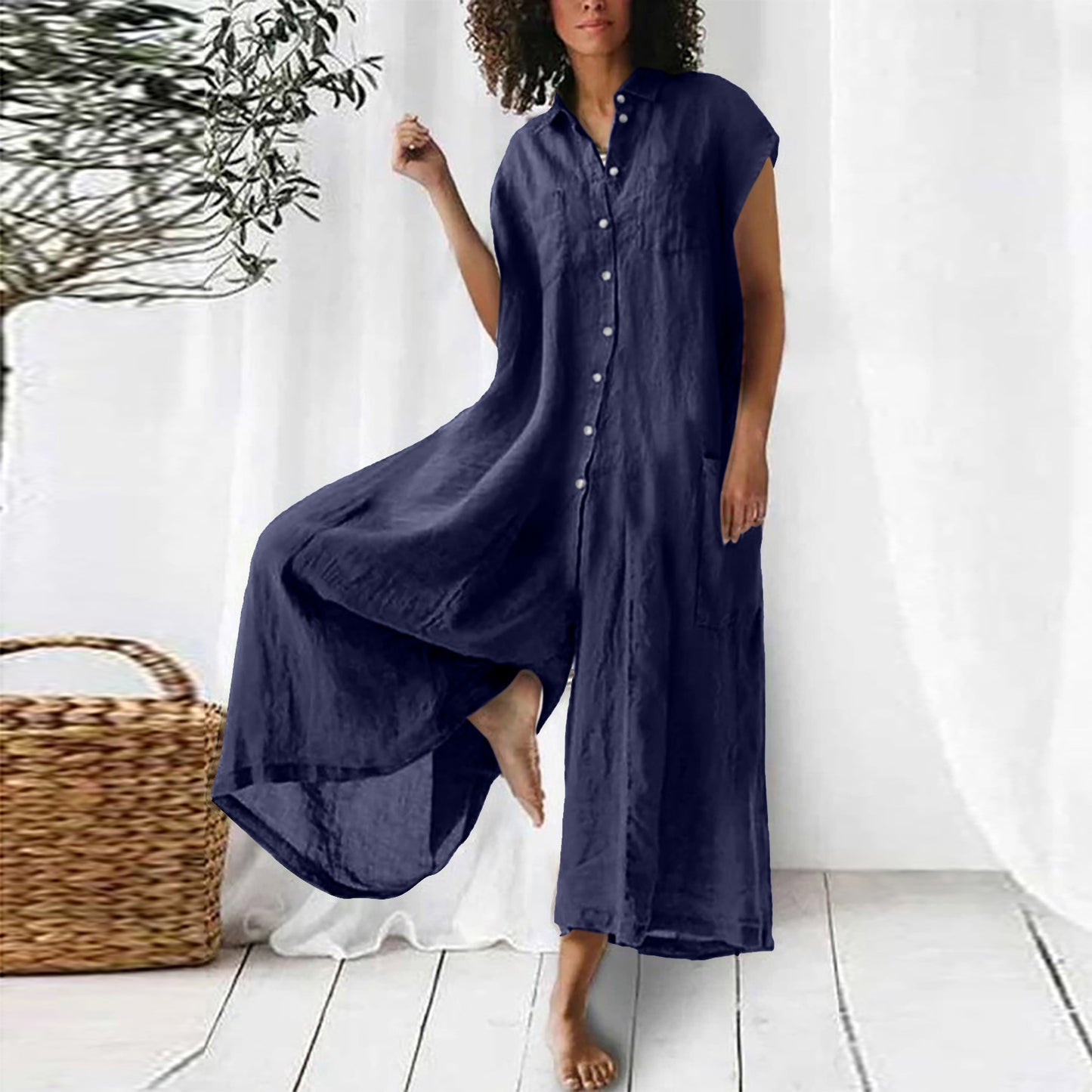 Women's Solid Color Casual Long-sleeved Mid-length Jumpsuit   RSTOCK
