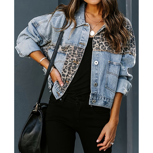 Womens Cropped Distressed Denim Jacket Ripped Button Down Jean Jacket Long Sleeve Casual Streetwear Coat