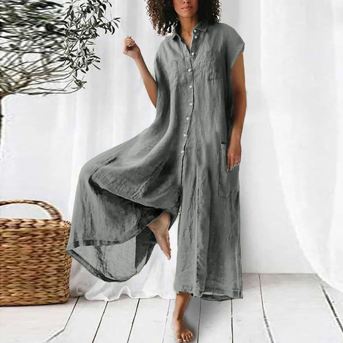 Women's Solid Color Casual Long-sleeved Mid-length Jumpsuit   RSTOCK