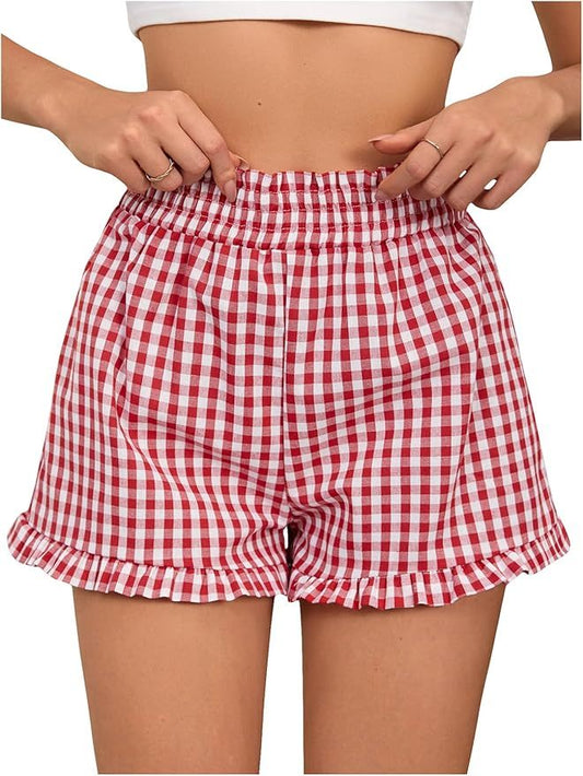 Women's Plaid Print Patched Decor Button Front Elastic Waist  Shorts  RSTOCK