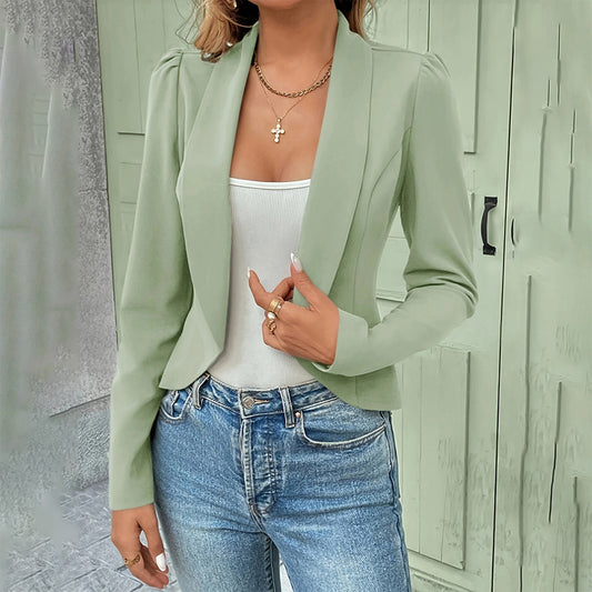 Women's Lapel Casual Sport Jacket (BlzSuit) Long Sleeve Button Front Blazer, Solid Color Jacket For Spring & Fall