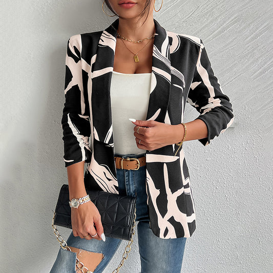 Women's Abstract Print Blazer (BlzSuit) Button Front Lapel Long Sleeve Office Blazer Elegant Work Jacket For Women