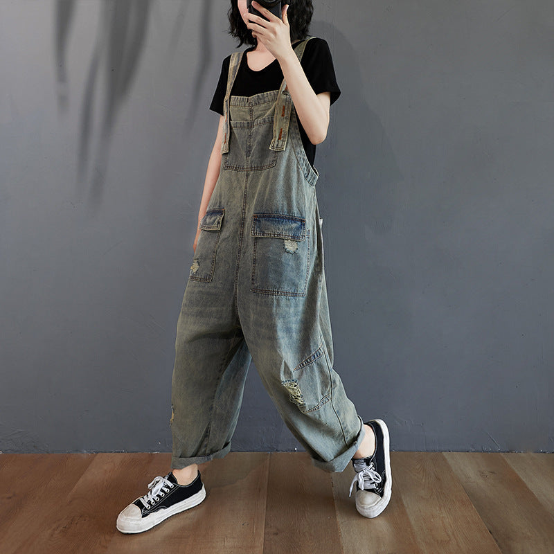 Womens Summer Retro Nostalgic Ripped Denim Overalls