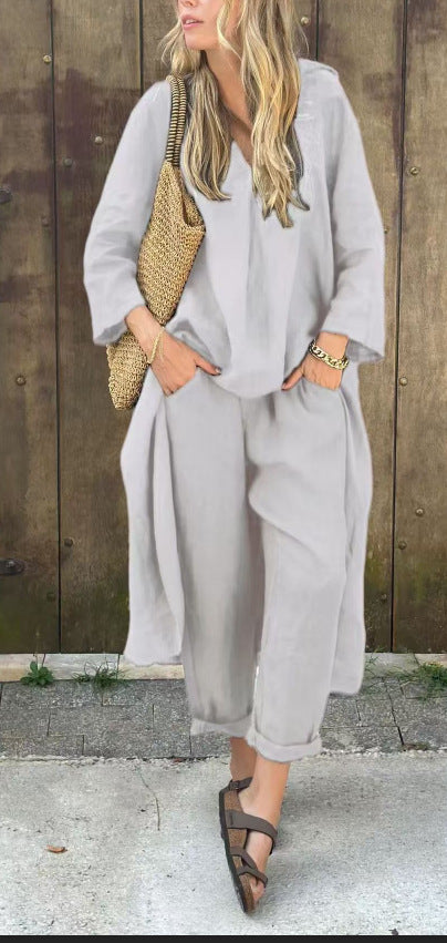 2pcs Long-sleeved Suits (BlzSuit) Loose V-neck Long Top And High Waist Wide Leg Pants With Pockets Women's Clothing