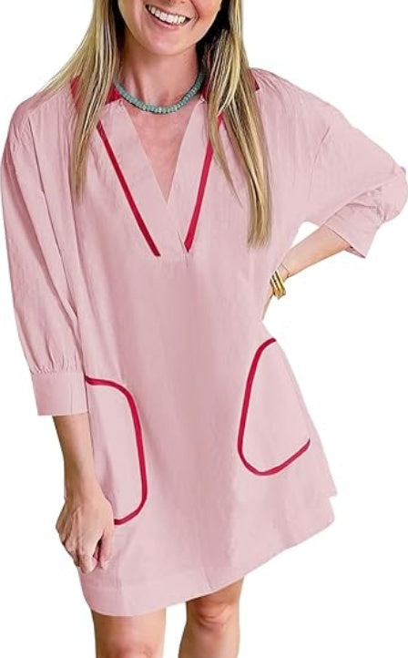 Saodimallsu Womens V Neck Swimwear Coverup Sleeve Collar Color Block Oversized Cover Ups Mini Beach Dress With Pockets RSTOCK