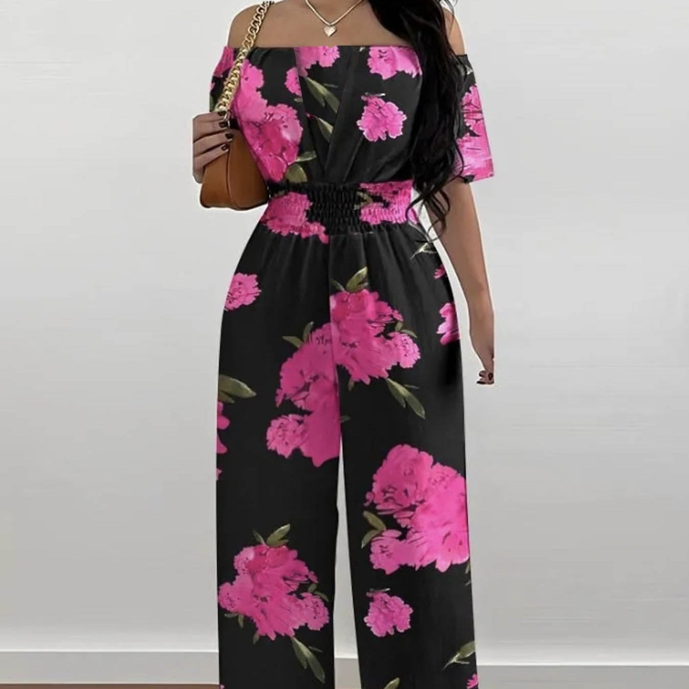 Ladies' One Shoulder Floral Print Waist Cinching Off Shoulder Sexy Fashion Jumpsuit   RSTOCK