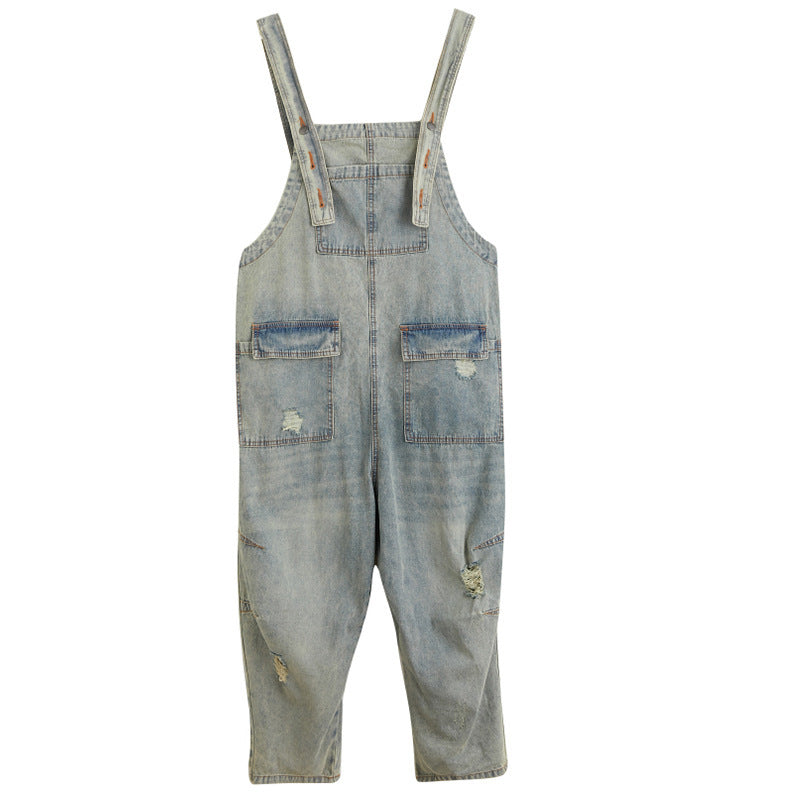 Womens Summer Retro Nostalgic Ripped Denim Overalls