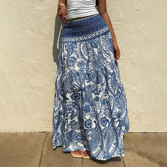 Women's Boho Floral Print Maxi Skirt - Elastic Waist A-Line Long Skirt For Spring&Summer Casual Beach Skirt RSTOCK