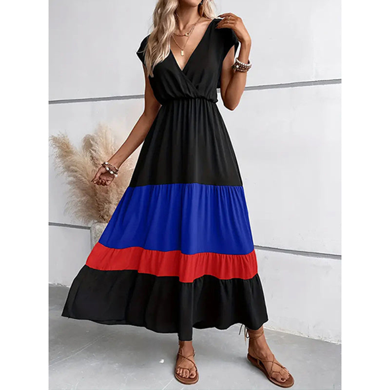 Women's Color Block Maxi Dresses V Neck Sleeveless Tiered Casual Dresses Loose Sundress RSTOCK