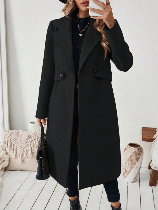 Flat Collar Solid Color Pocket With Belt Long Sleeve Autumn Winter Coat RSTOCK